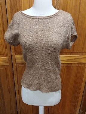 Kookai Metallic Tan Scoop Neck Short Sleeve Sweater